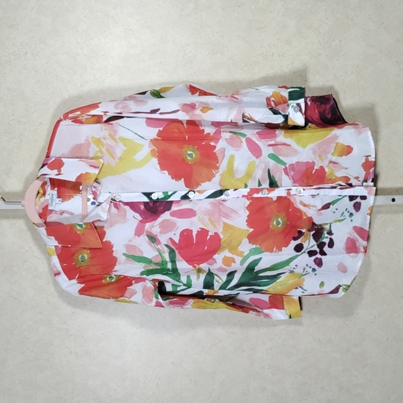 09541 Toofan red & yellow floral button blouse M NWT - Picture 1 of 16